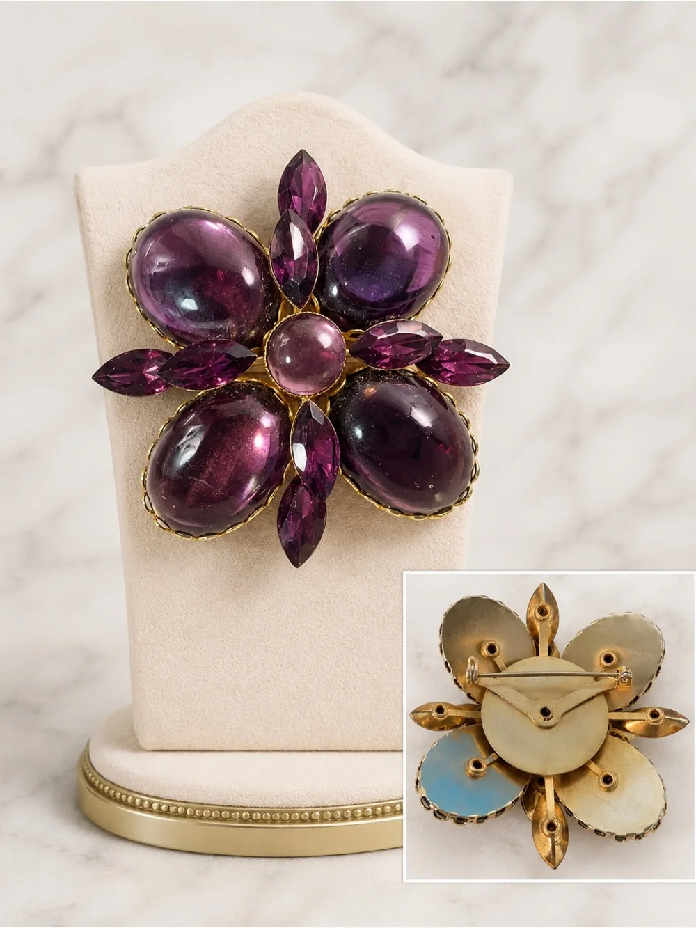 Women's Purple Floral Cabochon Brooch - Vintage-Style Jewelry